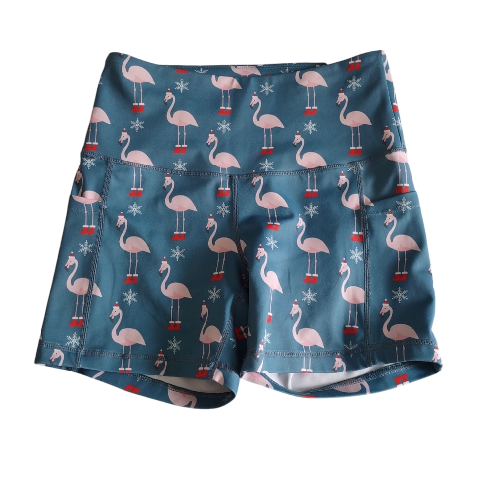 Feed Me Fight Me Medium Holiday Flamingo Print Bike Shorts